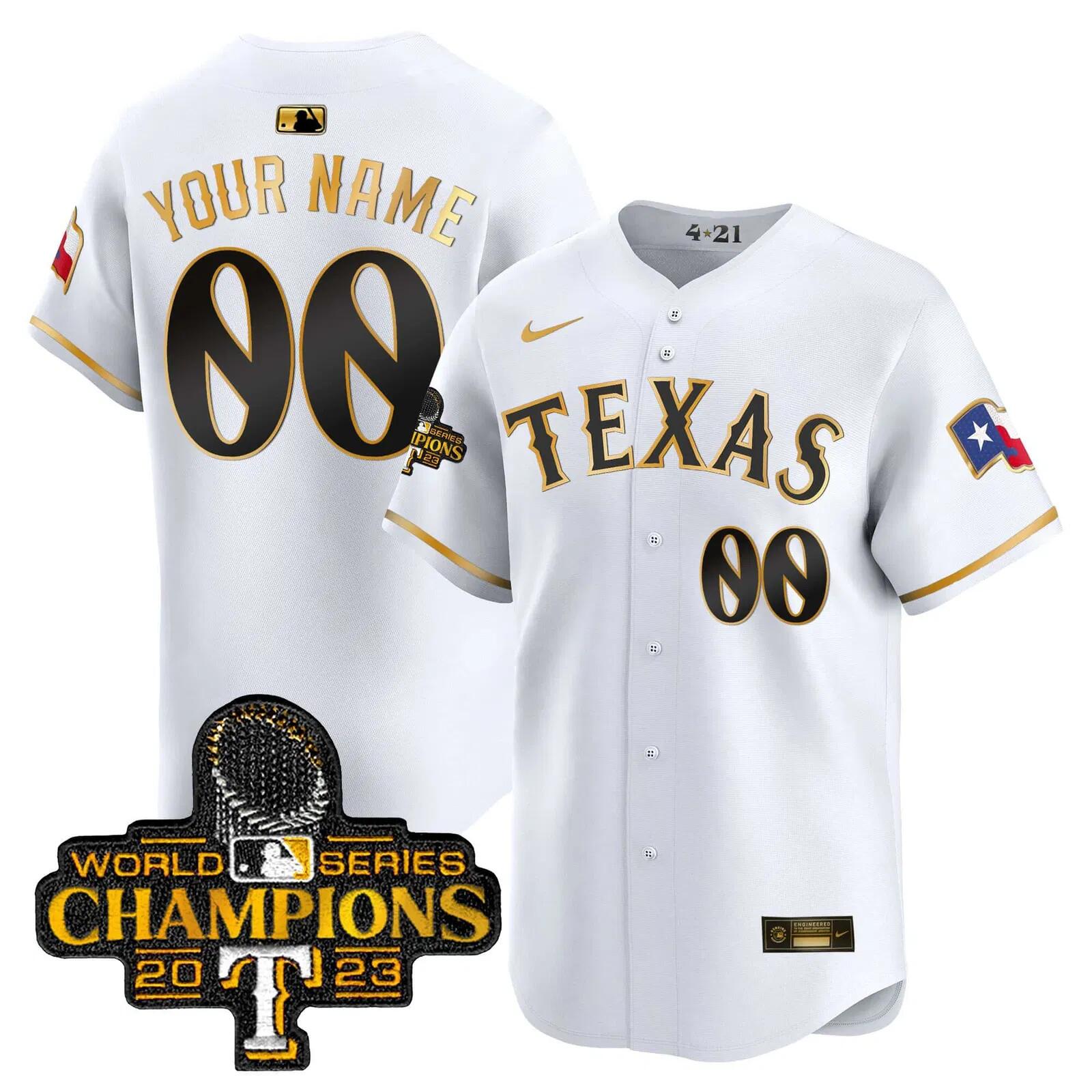 Men's Texas Rangers Active Player Custom White Gold 2023 World Series Champions Stitched Baseball Jersey